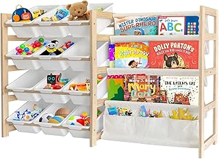 Toy Storage Organizer with Bookshelf - 12 Storage Bins 4-Tier Multipurpose Shelf to Organize Toys and Books for Kids Room, Playroom, Nursery Room, White