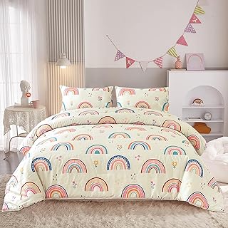 Btargot Lightweight Soft 3 Piece Rainbow Comforter Set with 2 Pillow Covers, Cartoon Love Hearts Flowers and Grass Bedding Set for Girls Boys Kids, Twin Multi-Color