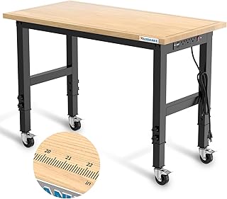 LARBANKE 48" Heavy-Duty Adjustable Workbench with Brake Wheels,Hardwood Worktable Weight Capacity Over 2000 Lbs,Rubber Wood Workbench has Adjustable 5 Different Heights,for Workshop,Garage,Office,Home