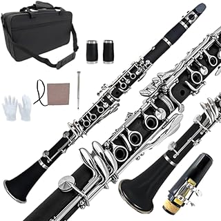 Bb Clarinet for Beginners & Students – Professional B Flat Clarinet 17 Keys with Ebonite Body, Nickel-Plated Keys, 2 Barrels, Cleaning Cloth & Gloves, Carrying Case