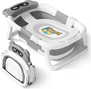 AVIDOR Baby Bathtub,Collapsible Bathtub for Newborn to Toddler,Durable Essential Infant Bath Tub,Portable Travel Baby Tub with Soft Cushion,No-Slip Hanging and Detachable(Grey)