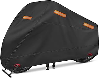 Motorcycle Cover, Heavy Duty 600D Oxford, Waterproof Outdoor, Weather Resistant, Rip-Proof, Anti-UV with 5 Reflective Strips, 2 Lock-Holes, 1 Windproof Strap, 1 Storage Bag (97.5" x 41" x 50")