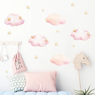 Pink Clouds and Stars Wall Stickers, sacinora Cartoon DIY Art Wall Decals Removable Vinyl Peel and Stick for Kids Baby Nursery Living Room Bedroom Children's Room Playroom Decorations