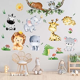 Jungle Baby Animals Wall Stickers - Elephant Lion Tiger Giraffe Wall Decals - Nursery Kids Girls Boys Room Daycare Playroom Classroom Wall Decor
