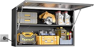 Metal Garage Storage Cabinet with Locking, Wall Mounted Tool Cabinets with Door and Shelf, Floating Steel Storage Cabinets, Small Kitchen Wall Cabinet, Flip Up Wall Locker Cabinet, Assembly Required