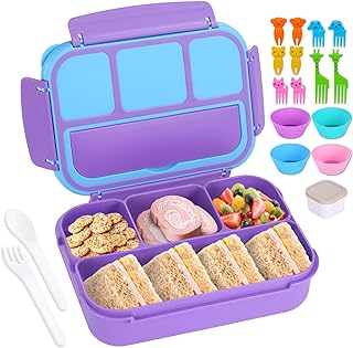 Bento Box for Kids Girls Boys, Bento Box Adult Lunch Box with 4 Compartments, Lunch Containers with Utensils, Sauce Jar, Muffin Liners for School, 40 Oz/5 Cup, Purple