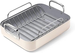 Caraway Roasting Pan - 16x13&rdquo; Roasting Pan with Rack - Non-Stick Ceramic Coated - Non Toxic, PTFE & PFOA Free - Oven Safe & Compatible with All Stovetops - Cream