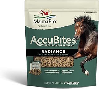 Manna Pro AccuBites Radiance Equine Supplement &ndash; Skin & Coat, Essential Vitamins & Hoof Health for Horses &ndash; Packed with Omega 3, 6, & Biotin &ndash; Main & Tail Maintenance &ndash; Alfalfa Flavored &ndash; 7.5 lbs