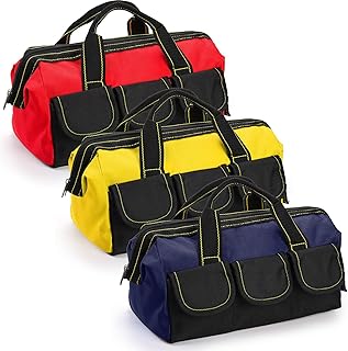 3 Pack 13 Inch Tool Bag, Wide Mouth Tool Tote Bag with Waterproof Base, Heavy Duty Tool Storage Bag Organizer for Various Tools, 5 Pockets, Blue, Yellow, Red