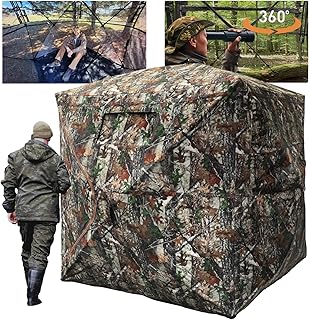 Hunting Blind with Floor Mat, 360 Degree See Through Ground Blind with Carrying Bag, 2/3/4 Person Pop Up Camouflage Tent Portable Concealed Shelter