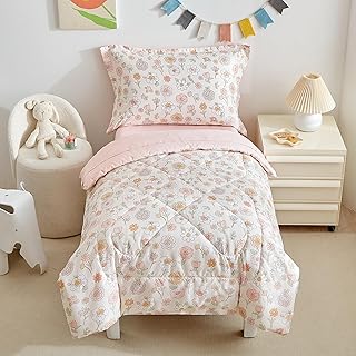 DuShow Floral 4 Piece Girls Toddler Bed Comforter Set Pink Flower Reversible Toddler Bedding Set Soft Baby Crib Bed Sheets Set in a Bag | Include Quilt Comforter,Flat Sheet,Fitted Sheet,Pillowcase