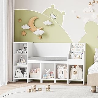 HOSTACK Kids Reading Nook, Nursery Bookshelf and Bookcase with Bench, Book Shelf Organizer with Seat Cushion and 7 Storage Cubbies for Playroom, Bedroom, White
