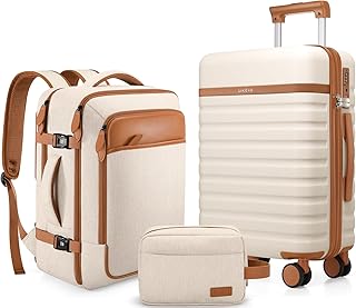 Luggage Sets 3 Piece, Carry On Luggage 20In With Spinner Wheels,PC Hardside Suitcase Set with TSA Lock,Durable Carry On Suitcase With Travel Backpack for Men (Beige, 3 piece set (20inch))
