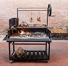 Backyard Discovery Argentine Santa Maria Wood Fire & Charcoal BBQ Grill with Brasero, Adjustable Grill Grates, Fire Bricks, Heavy-Duty Steel, S-Hooks, Acacia Wood Table for Outdoor Gaucho Grilling