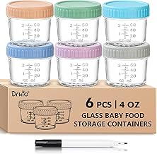 DRKIO 6 Pack Glass Baby Food Storage Containers - 4 Oz Baby Food Jars with Lids Baby Food Maker Microwave Dishwasher Freezer Safe 100% Leak Proof BPA Free Reusable