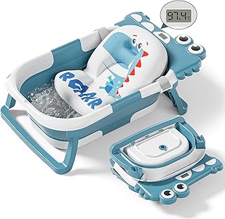 Collapsible Baby Bathtub for Newborn, Foldable Baby Bath Tub with Thermometer & Soft Floating Cushion & Drain Hole, Portable Travel Infant Bath Tubs for Newborns to Toddler 0-36 Months Girl, Blue