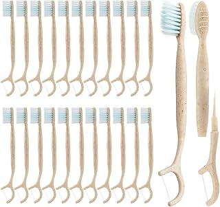 Travel Toothbrush Dental Floss Picks - 4 in 1 Biodegradable Disposable Toothbrushes with Tongue Scraper, Eco-Friendly Individually Wrapped Toothbrush for Adult Kids Travel Oral Care, 20 Pack