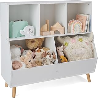 Badger Basket 5-Bin Storage Cubby with Feet - Wooden Organizer for Toys, Books, and Display, with Top Shelf, Cubbies, and Open Bins - Kids&rsquo; Room or Playroom Storage Solution - Fresh White