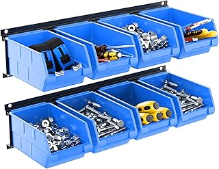 TORACK Wall-Mounted Storage Bins - 8 Plastic Bins & 2 Metal Tracks for Tools Organization in Garage, Craft Room, and Shop(Blue)