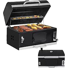 Large Charcoal bbq Grill, Built-in Barbecue Grills with Liftable Tray, Insulated Hood & Temp Gauge, Black Stainless Steel Charcoal BBQ Barrel Grill for Outdoor Kitchen Camping Park Style