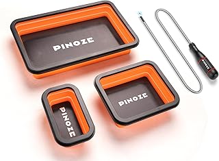 Collapsible Magnetic Parts Organizer Trays & 12" Flexible Magnetic Pickup Tool, 3 Different Size Magnet Tool Trays & Pick-Up Sweeper for Screw, Bolts, Nuts, Washers, Pins and Other Metal Parts