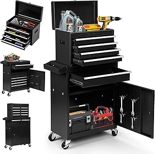 5-Drawer Rolling Tool Chest with Wheels - High Capacity Tool Cabinet with Detachable Top Toolbox for Garage and Workshop Organization - Metal Tool Cart with Liner & 4 Hooks, Black