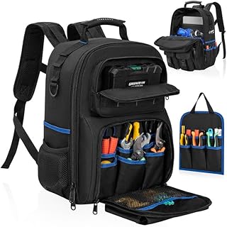 Tool Backpack, Heavy Duty Tool Bag with Padded Shoulder and Removable Tool Organizer, Water-Resistant Work Backpack, for Electrician, Plumber, HVAC, Cable Repairman, Black & Blue