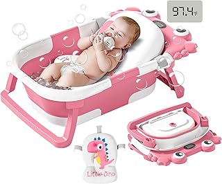 Collapsible Baby Bathtub for Newborns to Toddler with Real-time Temp Monitor & Floating Cushion,Portable Travel Tub for 0-36 Month, Foldable Baby Bath Tub for Infants Girl (Pink)