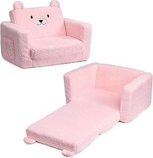 ALIMORDEN Fold Out Toddler Couch, Comfy 2-in-1 Cuddly Sherpa Bear Chair for Kids, Convertible Sofa to Lounger, Kids Cozy Corner Play Couch for Boys and Girls, Pink