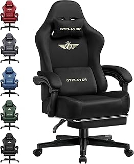 GTPLAYER Gaming Chair Fabric with Pocket Spring Cushion, High Back Ergonomic Computer Chair with Footrest for Adults Lumbar Support Swivel Game Chair for Office Gaming 350LBS, Black