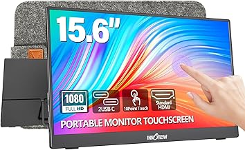 InnoView Portable Monitor Touchscreen 15.6" 1080P 10-Point Touch Screen Monitor Portable with Protective Sleeve Built-in Stand, 1200:1 HDMI USB C Travel Monitors for Laptop, PC, Phone