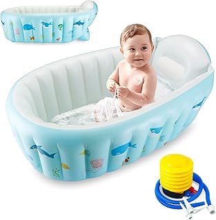 PandaEar Baby Inflatable Bathtub, Portable Travel Baby Infant Bath Tub Toddler Bathtub with Air Pump, Foldable Non-Slip Shower Basin Mini Air Swimming Pool for Newborn (Whale Blue)