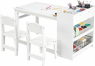 GarveeHome Kids Art Table with 2 Chairs, Toddler Craft Play Wood Activity Desk with Large Storage Shelves for Writing Drawing, Nursery, Children's Wooden Furniture for Classroom Daycares, Home