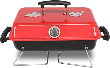 20.8" Portable Charcoal Grill,Tabletop Outdoor Barbecue Smoker,Portable Vertical Charcoal Smoker Grill,Heavy Duty Outdoor BBQ Grill,with Thermometer,for Garden Patio Beach Backyard (Black & Red)
