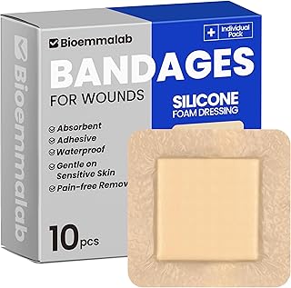 Large Waterproof Bandages 4x4 Silicone Foam Dressing for Sensitive Skin Wound Care, Adhesive Cohesive Pad with Border for First Aid, 10 PCS, Post Surgical and Trauma Care, Burn