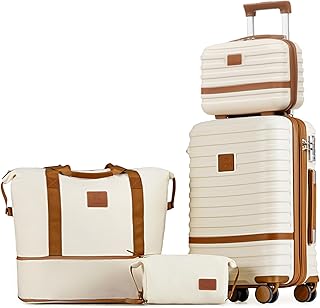 Carry On Luggage 20 Inch Expandable Suitcase with Spinner Wheel, 4 Piece Hard Shell Luggage Set with TSA Lock(White brown)