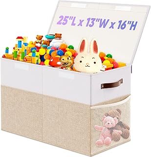 Large Toy Storage Box with Lid Divider, Sturdy Collapsible Toys Organizer Chest Kids Storage Bins Boxes Baskets for Boys, Girls, Nursery, Bedroom, Living Room, Playroom, 25"x13"x16", Beige and White