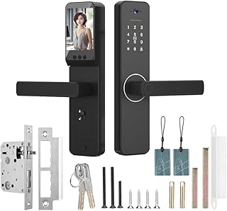 Smart Lock with 120&deg; Wide-Angle Camera and Smart Doorbell Keyless Entry Door Lock Handle Aluminum Alloy Biometric Door Lock TY App Remote Operation WiFi for 35-60mm Office Home Bedroom Door
