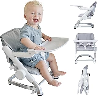 Feed Me Go 3-in-1 Travel High Chair Booster Seat for Infants and Toddlers - Transitional, Portable, Compact & Fits Any Chair - Removable Tray - Gray