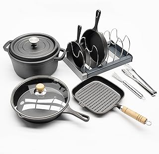 cast iron cookware set 9 Piece,6" + 8" + 10" with Lid Skillet,Round Pre-Seasoned Dutch Oven Pot with Lid and Dual Handles, Square Grill Pan,Adjustable Pots and Pans Organizer Rack