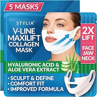 Stylia MaxiLift V-Line Lifting Collagen Face Mask - Advanced Double Chin Reducer - Jawline Shaper - Neck Firming and Tightening Mask with Hyaluronic Acid & Aloe Vera - Chin Strap for Sleeping (5PC)
