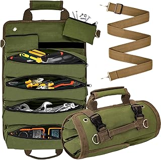 Roll Up Tool Bag, Compact Durable Tool Organizer with 4 Pouches Tool Roll and 2 Small Zipper Pouches, Heavy Duty Motorcycle Tool Storage for Handyman, RV Owners, Dad or Husband Birthday Gifts, Green
