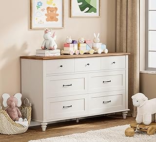 WAMPAT Kids Dresser with 7 Drawers for Bedroom, White Baby Dresser for Nursery & Kids Room, Mid Century Modern Chests & Dressers, Distressed Wide Dressers Organizer for Children&rsquo;s Bedroom, 54 Inch