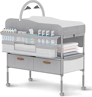 Diaper Changing Station, Portable Changing Table for Baby, Diaper Changing Table with Storage Drawers, Waterproof Baby Changing Station with Wheels and Adjustable Height for Newborn Infant and Toddler