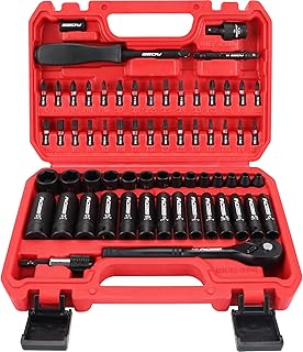 64-Piece 1/4" Drive Impact Socket Wrench Driver-Bits Set, Cr-V Metric&SAE Deep and Shallow Socket Set, S2 Power Bits with Quick-Release Ratchet Handle, Universal Joint, Bit Holder, Power Drill Adapter