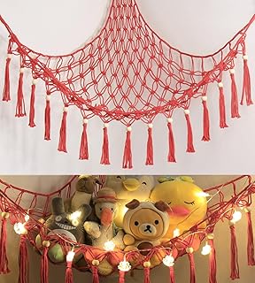Stuffed Animal Toy Storage Hammock with LED Light - Macrame Jumbo Doll Corner Stuff Animals Organizer Decorations - Cute Hanging Plushie Net Kids Baby Nursery Bedroom Room Decor