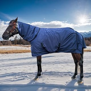 Winter Horse Blanket with Neck Cover for Real Horses | Horse Turnout Blanket | Open Front with 2 Buckles | 1200 Denier 220g (Navy Blue, 72'')