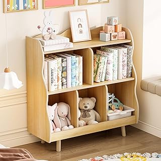 Treocho Kids Bookshelf and Toy Storage Orangizer, 3-Tier Wooden Children's Bookcase with Curve Design, 5 Toy Storage Cabinet Display with Legs for Children's Room, Playroom, School, Natural