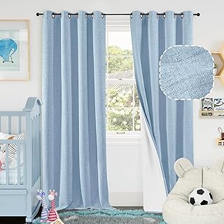 Blue Linen Blackout Curtains for Kids Bedroom Nursery 84 Inch Length 2 Panels, Thermal Insulated Full Room Darkening Noise Reducing Privacy Window Curtains for Boy Room, Each 52 Inch Wide