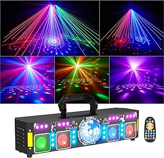 7-in-1 DJ Lights for Parties-Pro DMX512 Laser Light Show with Disco Ball, RGB and Gold Strobe, UV Black Lights - Sound Activated LED Lighting for Home, Karaoke, Birthday and Small DJ Events - AUSMAWEE